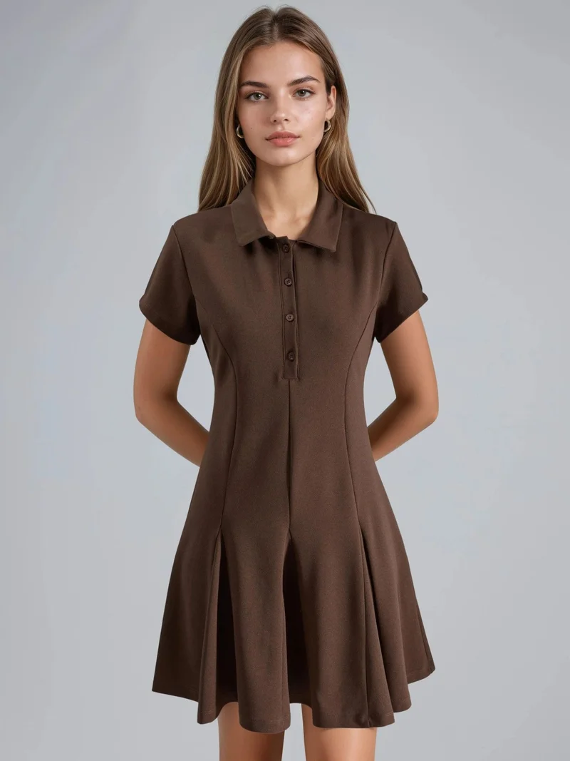 Busem Coffee Brown Crepe Mini Dress with Button Closure and Polo Collar for Women | Best Price UAE